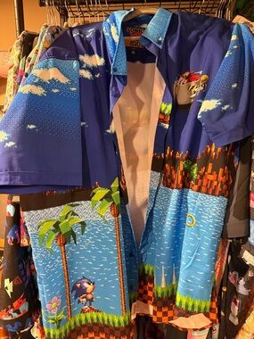 RSVLTS Sonic Themed Blue and Green Pixel Art Button-Down Shirt